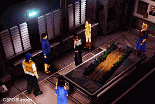 A Group Of People Standing Around A Table In A Video Game GIF