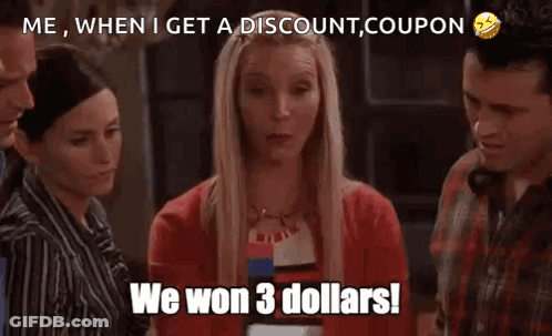 A Group Of People Standing Around A Woman Holding A Coupon That Says " We Won 3 Dollars " GIF