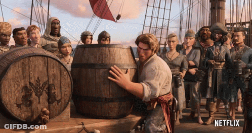 A Group Of People Standing Around Barrels With A Netflix Logo On The Bottom GIF