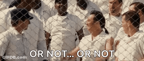 A Group Of People Standing Behind A Chain Link Fence With The Words Or Not Or Not Written On The Bottom GIF
