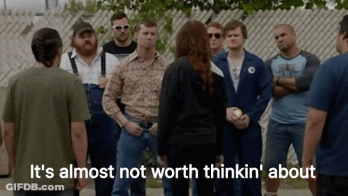 A Group Of People Standing In A Circle With The Words " It 'S Almost Not Worth Thinkin ' About " Above Them GIF