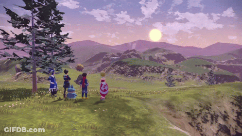 People Standing In Field With Mountains And Sun GIF