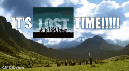 A Group Of People Standing In A Field With The Words " It 'S Lost Time !!! " Above Them GIF