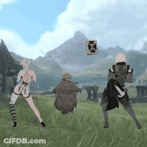 A Group Of People Standing In A Grassy Field With A Mountain In The Background GIF
