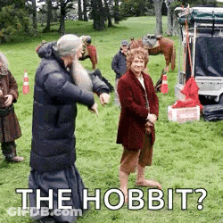 A Group Of People Standing In A Grassy Field With The Words `` The Hobbit '' Written On It . GIF