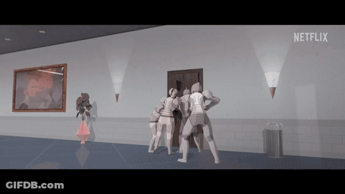 A Group Of People Standing In A Hallway With Netflix Written On The Bottom GIF