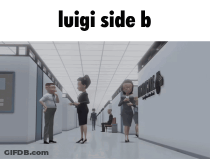 A Group Of People Standing In A Hallway With The Text Luigi Side B Above Them GIF