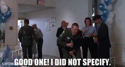 A Group Of People Standing In A Hallway With The Words " Good One I Did Not Specify " GIF
