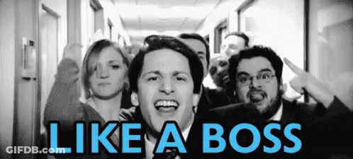 A Group Of People Standing In A Hallway With The Words Like A Boss In Blue GIF