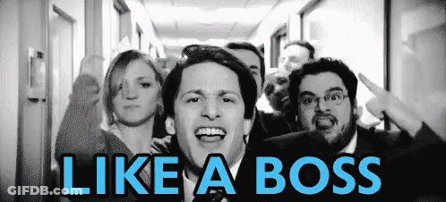 A Group Of People Standing In A Hallway With The Words Like A Boss In Blue GIF
