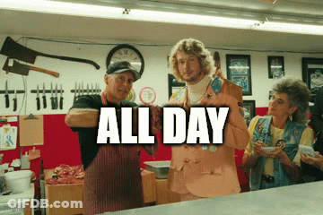 A Group Of People Standing In A Room With The Words All Day On The Bottom GIF