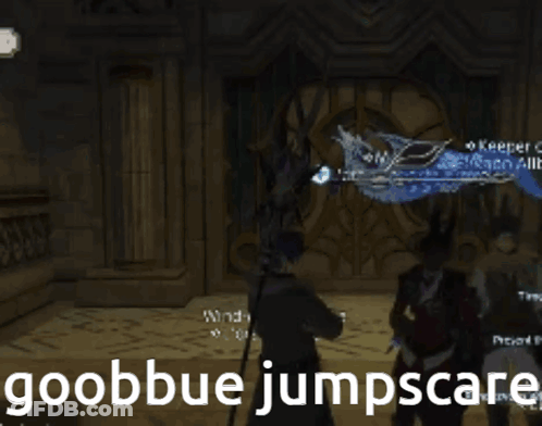 A Group Of People Standing In A Room With The Words Goobbue Jumpscare Written On The Screen GIF