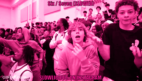 A Group Of People Standing In A Room With The Words Six / Seven Slowed GIF