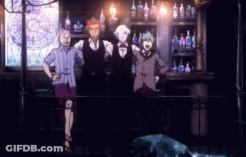 A Group Of People Standing In Front Of A Bar With Bottles On The Shelves . GIF