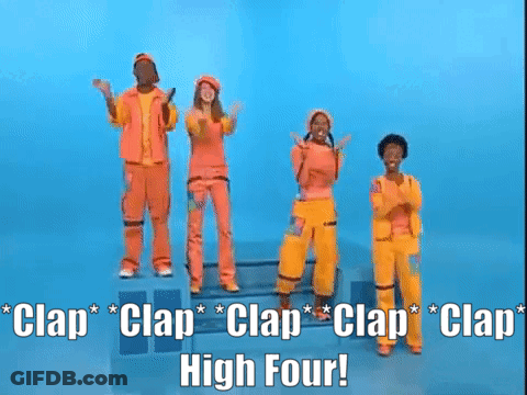 A Group Of People Standing In Front Of A Blue Background With The Words Clap Clap Clap High Four Written Above Them GIF