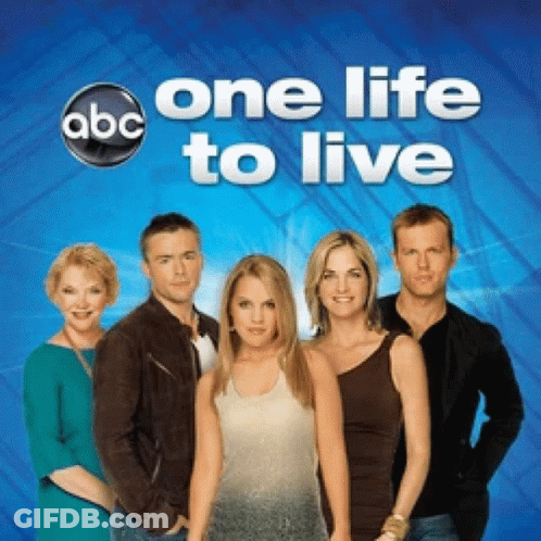 A Group Of People Standing In Front Of A Blue Background With The Words One Life To Live On It GIF