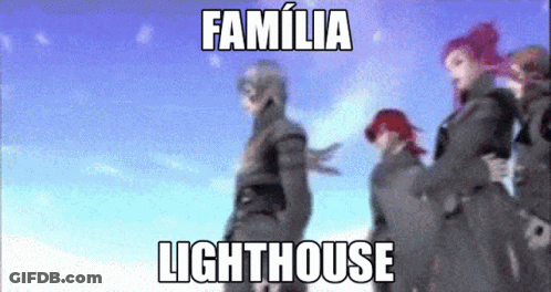 A Group Of People Standing In Front Of A Blue Sky With The Words Familia Lighthouse GIF