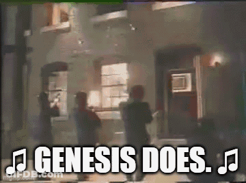 A Group Of People Standing In Front Of A Building With The Words " Genesis Does " On The Bottom GIF