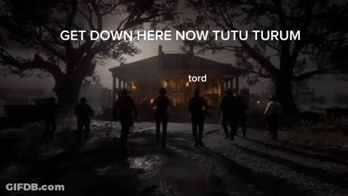 A Group Of People Standing In Front Of A Building With The Words " Get Down Here Now Tutu Turun " GIF