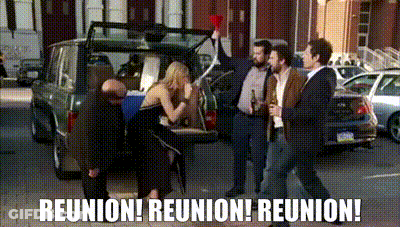 A Group Of People Standing In Front Of A Car With The Words Reunion ! Reunion ! Reunion ! Written On The Bottom GIF