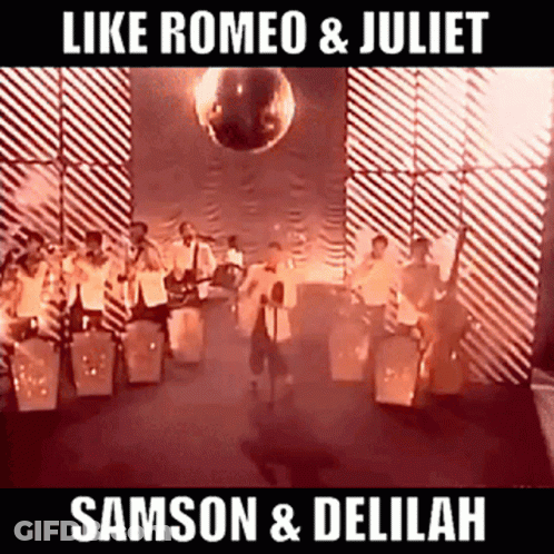A Group Of People Standing In Front Of A Disco Ball With The Words Like Romeo & Juliet Samson & Delilah At The Bottom GIF