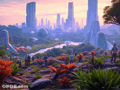 A Group Of People Standing In Front Of A Futuristic City With The Letters Gx On The Bottom Right GIF