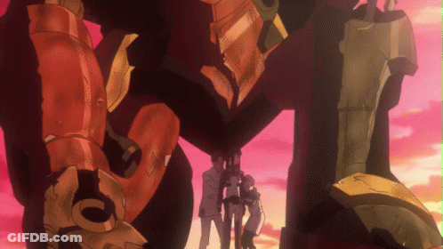 A Group Of People Standing In Front Of A Giant Robot With A Pink Sky Behind Them GIF