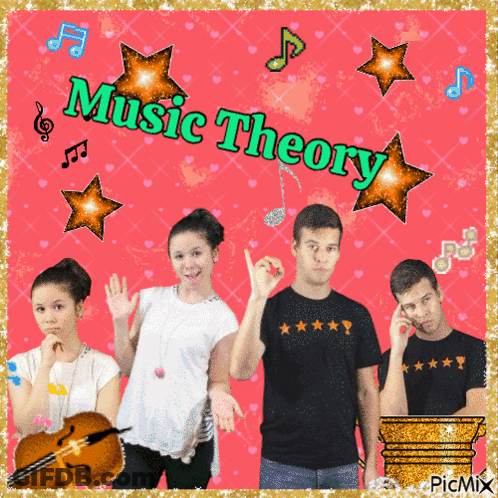 A Group Of People Standing In Front Of A Pink Background With The Words Music Theory GIF