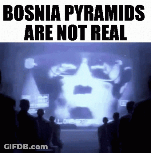 A Group Of People Standing In Front Of A Projector Screen That Says Bosnia Pyramids Are Not Real GIF