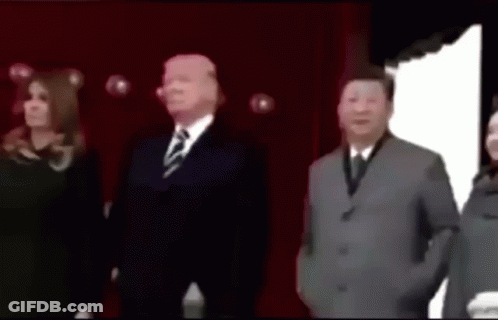 A Group Of People Standing In Front Of A Red Curtain Including Donald Trump And Xi Jinping GIF