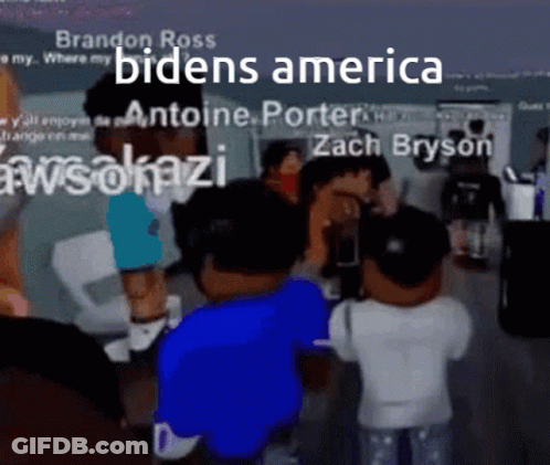 A Group Of People Standing In Front Of A Screen That Says Brandon Ross Bidens America GIF