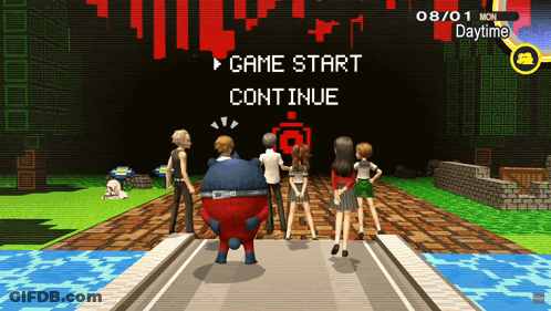 A Group Of People Standing In Front Of A Screen That Says " Game Start Continue " GIF