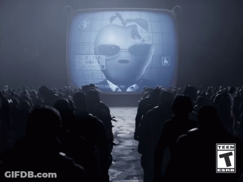 A Group Of People Standing In Front Of A Screen That Says ' Tech Esrb ' GIF