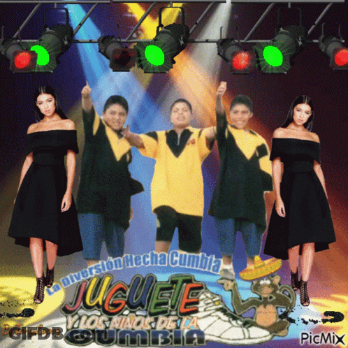 A Group Of People Standing In Front Of A Sign That Says Juguete GIF