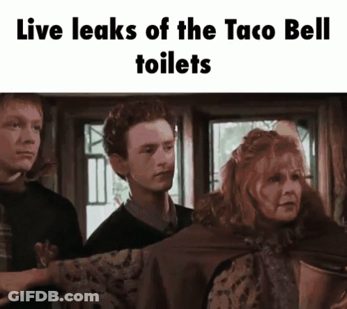 A Group Of People Standing In Front Of A Sign That Says " Live Leaks Of The Taco Bell Toilets " GIF