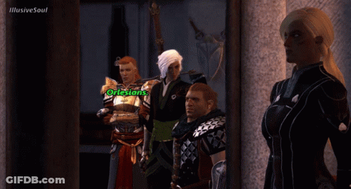 A Group Of People Standing In Front Of A Sign That Says " Orlesians " GIF