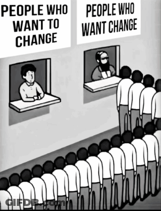 A Group Of People Standing In Front Of A Sign That Says People Who Want To Change GIF