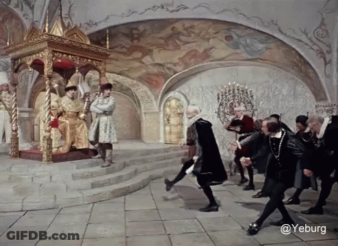 A Group Of People Standing In Front Of A Throne With The Word Yeburg On The Bottom Right GIF