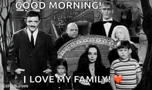A Group Of People Standing Next To Each Other In A Black And White Photo With The Words `` Good Morning ! '' GIF