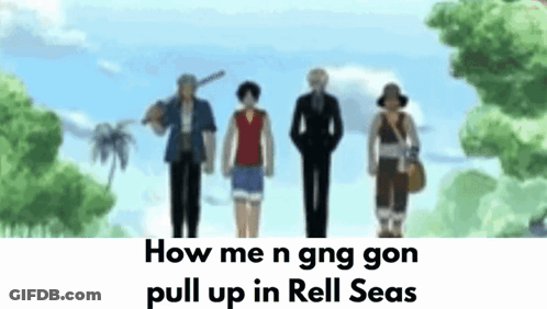 A Group Of People Standing Next To Each Other In Front Of A Blue Sky And Trees . GIF
