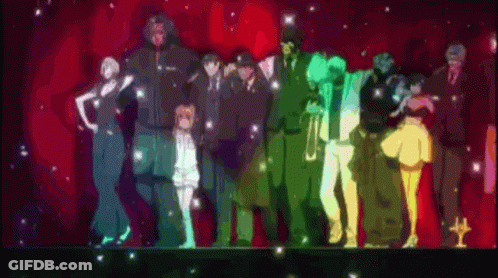 A Group Of People Standing Next To Each Other On A Stage With A Red Background GIF