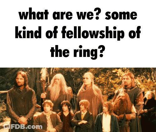 A Group Of People Standing Next To Each Other With The Caption " What Are We Some Kind Of Fellowship Of The Ring " GIF