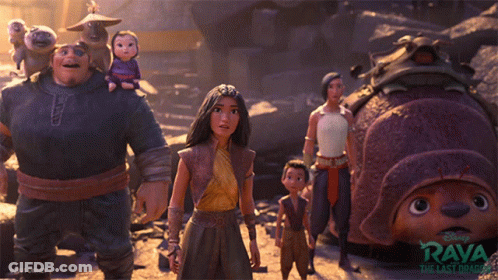 A Group Of People Standing Next To Each Other With The Word Raya On The Bottom GIF