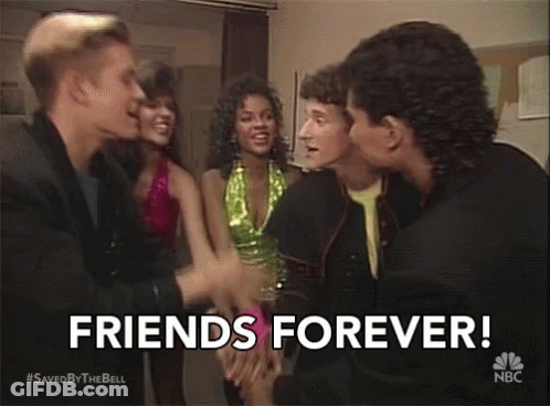 A Group Of People Standing Next To Each Other With The Words Friends Forever Written On The Bottom GIF