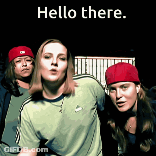 A Group Of People Standing Next To Each Other With The Words Hello There Written Above Them GIF