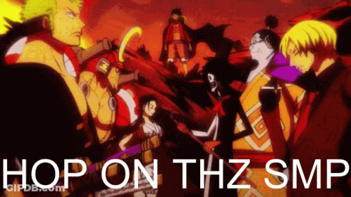 A Group Of People Standing Next To Each Other With The Words Hop On Thz Smp GIF