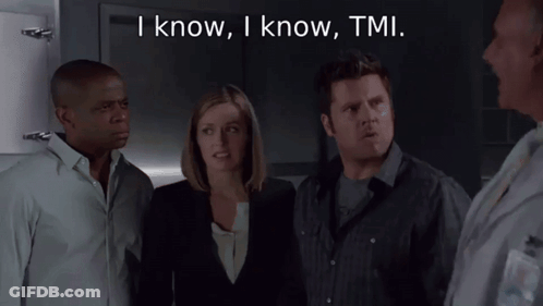 A Group Of People Standing Next To Each Other With The Words " I Know , I Know , Tmi " Above Them GIF