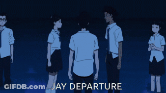 A Group Of People Standing Next To Each Other With The Words Jay Departure Written On The Bottom GIF