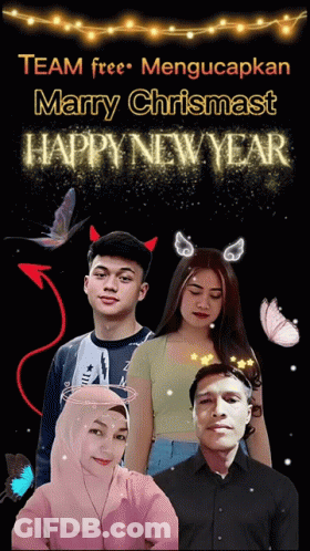 A Group Of People Standing Next To Each Other With The Words Marry Chrismast Happy New Year Above Them GIF