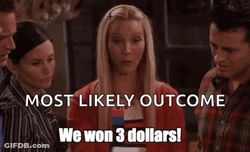 A Group Of People Standing Next To Each Other With The Words `` Most Likely Outcome We Won 3 Dollars '' Written Above Th GIF